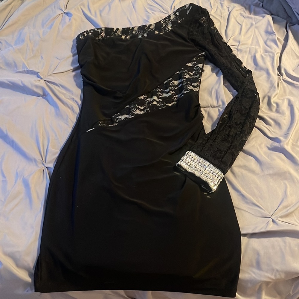 Black Mini Dress. Lace details and blinged cuff. Size S